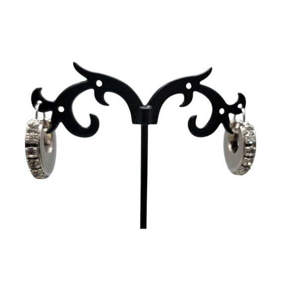 Silver Tone Rhinestone Hoop Earrings Hinged Closure Vintage Pat Pend Unsigned - Picture 5 of 9